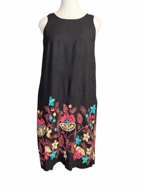 MSK Black Sleeveless Dress with Bright Floral Embroidery Size Medium